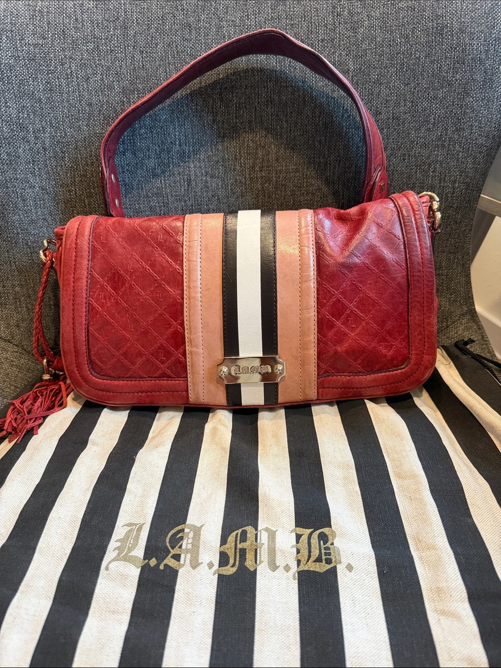 L.A.M.B. Burgundy Shoulder Bag with Pink and Black Stripe Detail
